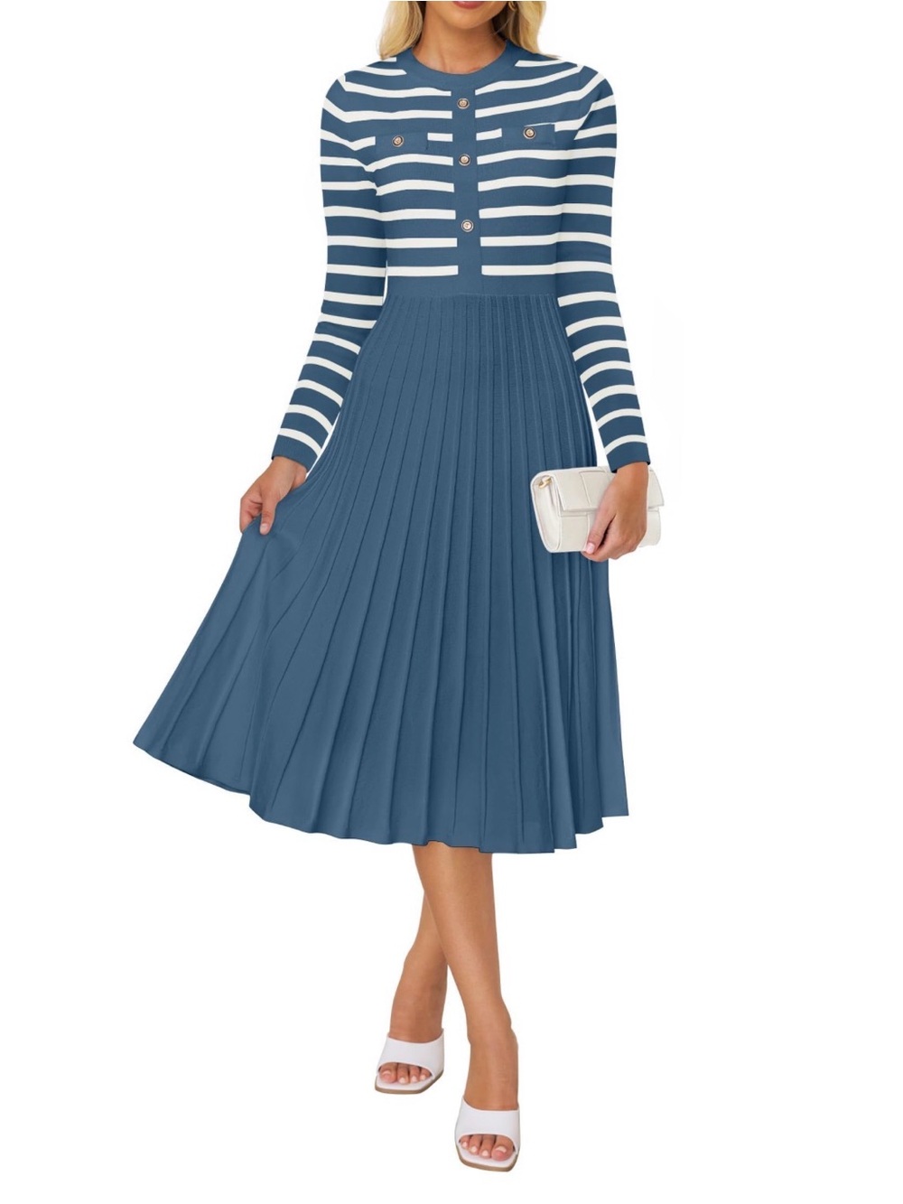 ZESICA Long Sleeve Striped Midi Dress Crewneck Knit Pleated Blue,X-Large